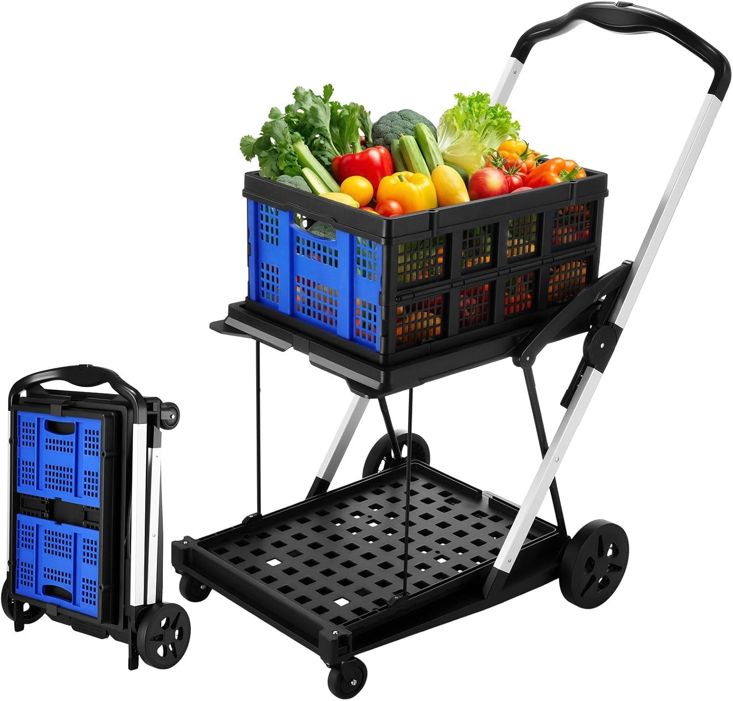 Folding Shopping Cart Trolley with Storage Crates Two Tier Collapsible Cart with Rolling Swivel Wheels for Shopping Picnic and Office image number 1