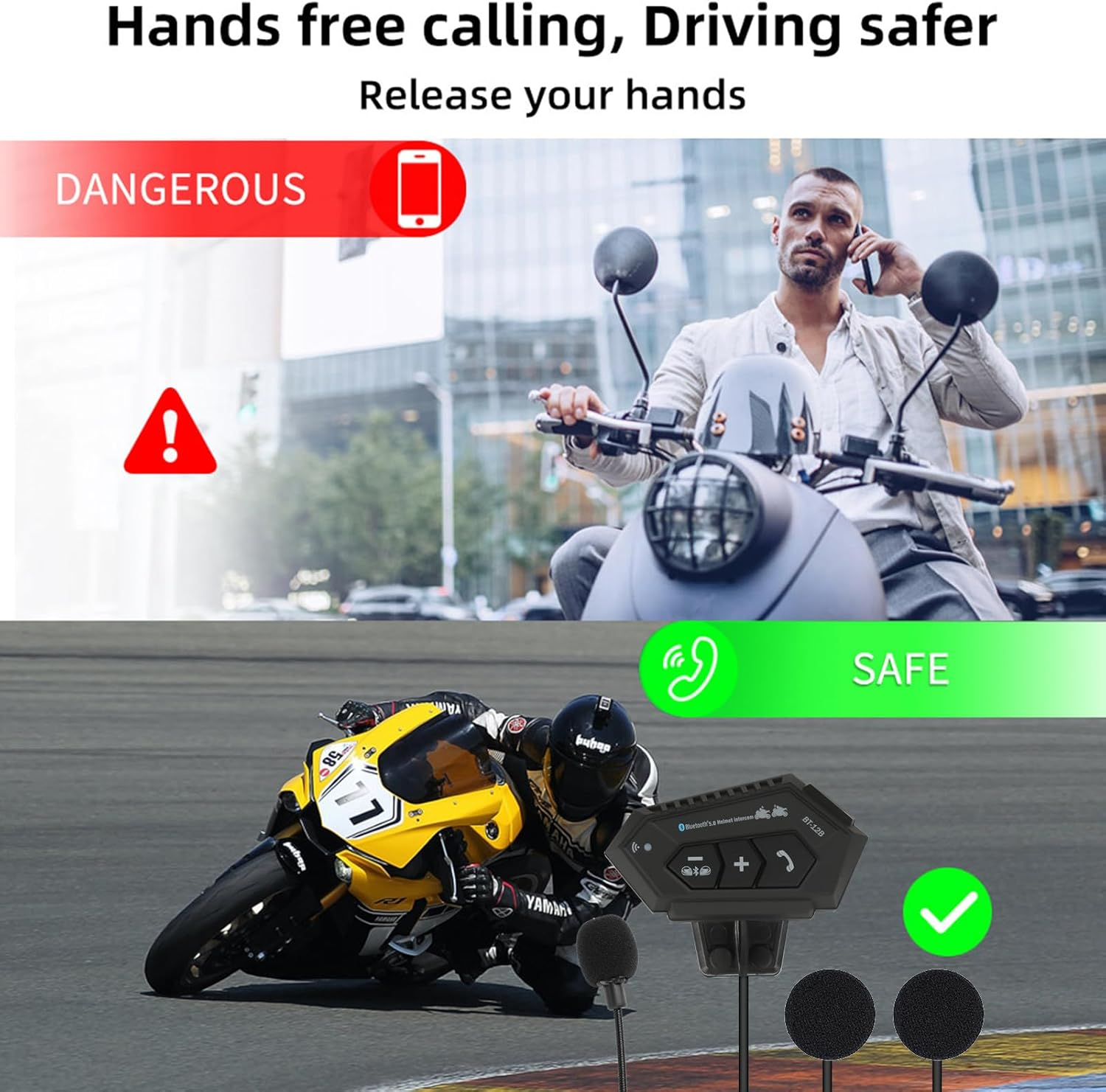 VOBOR Motorcycle Helmet Headset, BT12B 5.0 Helmet Headphones Bluetooth, 150 M Wireless Hands-Free Phone Mic Motorcycle Intercom Headset He-Lm, Hi-Fi Moped Accessories (2000 Mah) image number 1