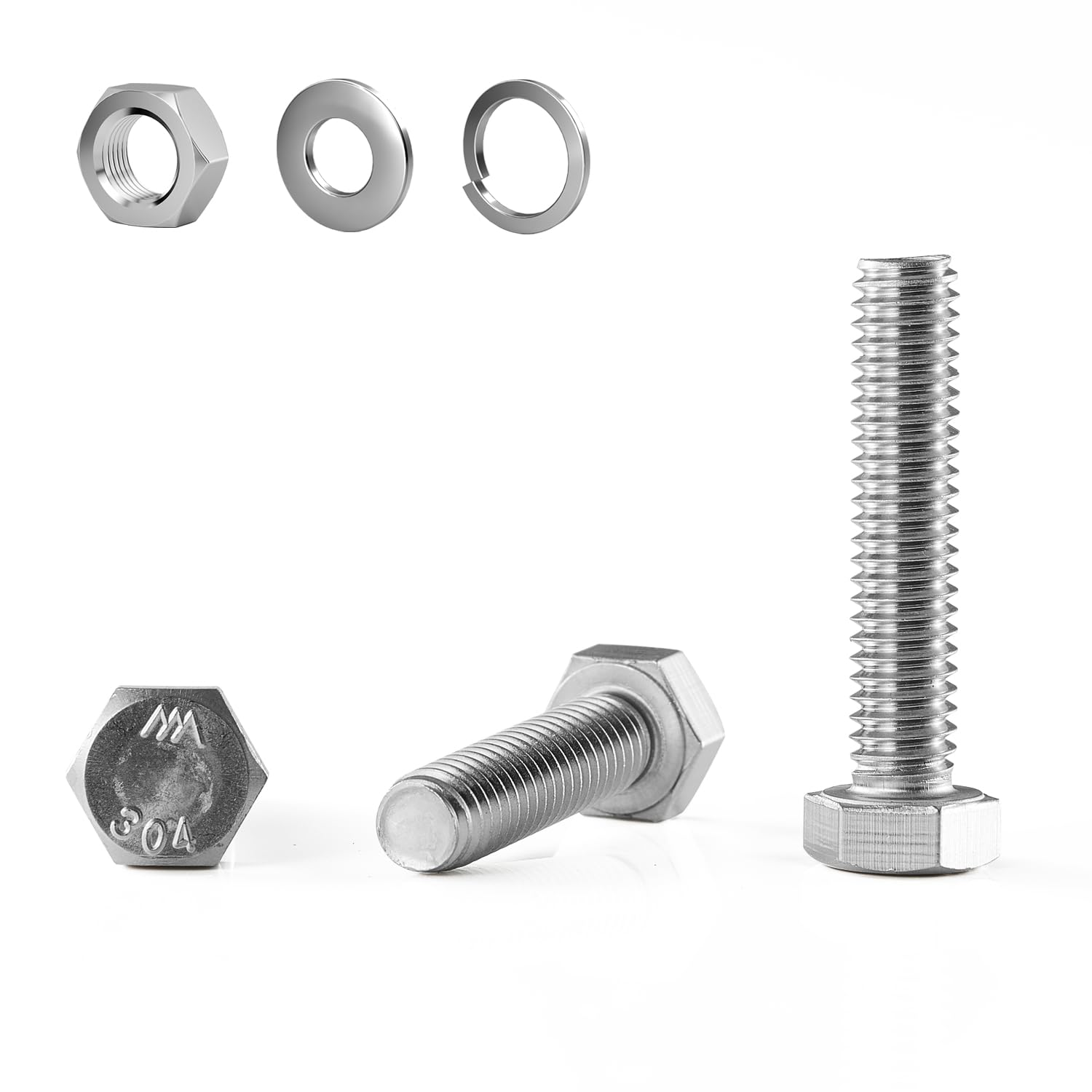 M8&times;50Mm Hex Bolts, Nuts, Flat Washers and Lock Washers, 20Pcs, 304 Stainless Steel, Fully Threaded Screw Bolts