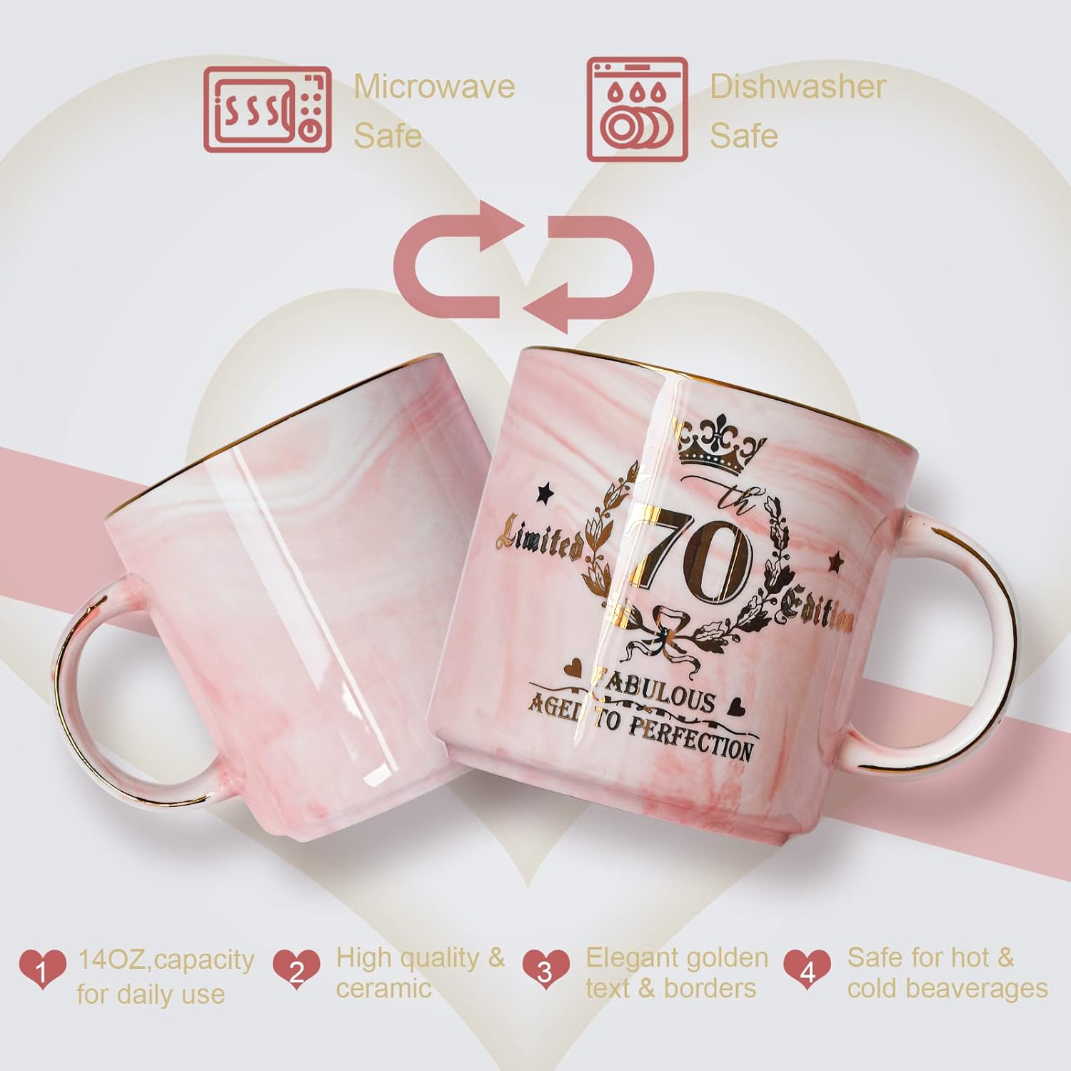 70Th Birthday Gifts for Women - 14Oz Pink Aged to Perfection Seventy Birthday Mug Printed with Gold - Happy Birthday Keepsakes Presents for 70 Years Old Grandma Mum Nanny, with Gift Box Lid Card Spoon
