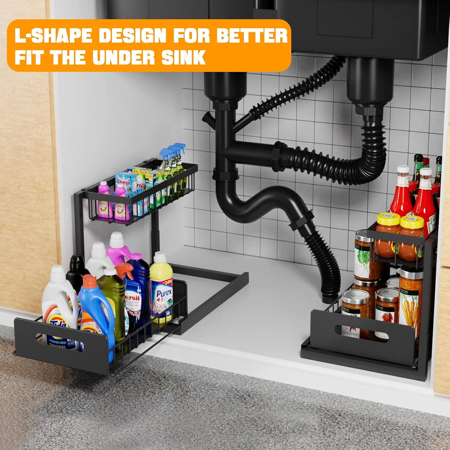 DEVA 2 Pack under Sink Organiser, High Duty Metal under Sink Organizer and Storage & 2 Tiers Pull-Out Drawers, Kitchen Sink Organiser for Kitchen Bathroom Pantry Laundry (Black)