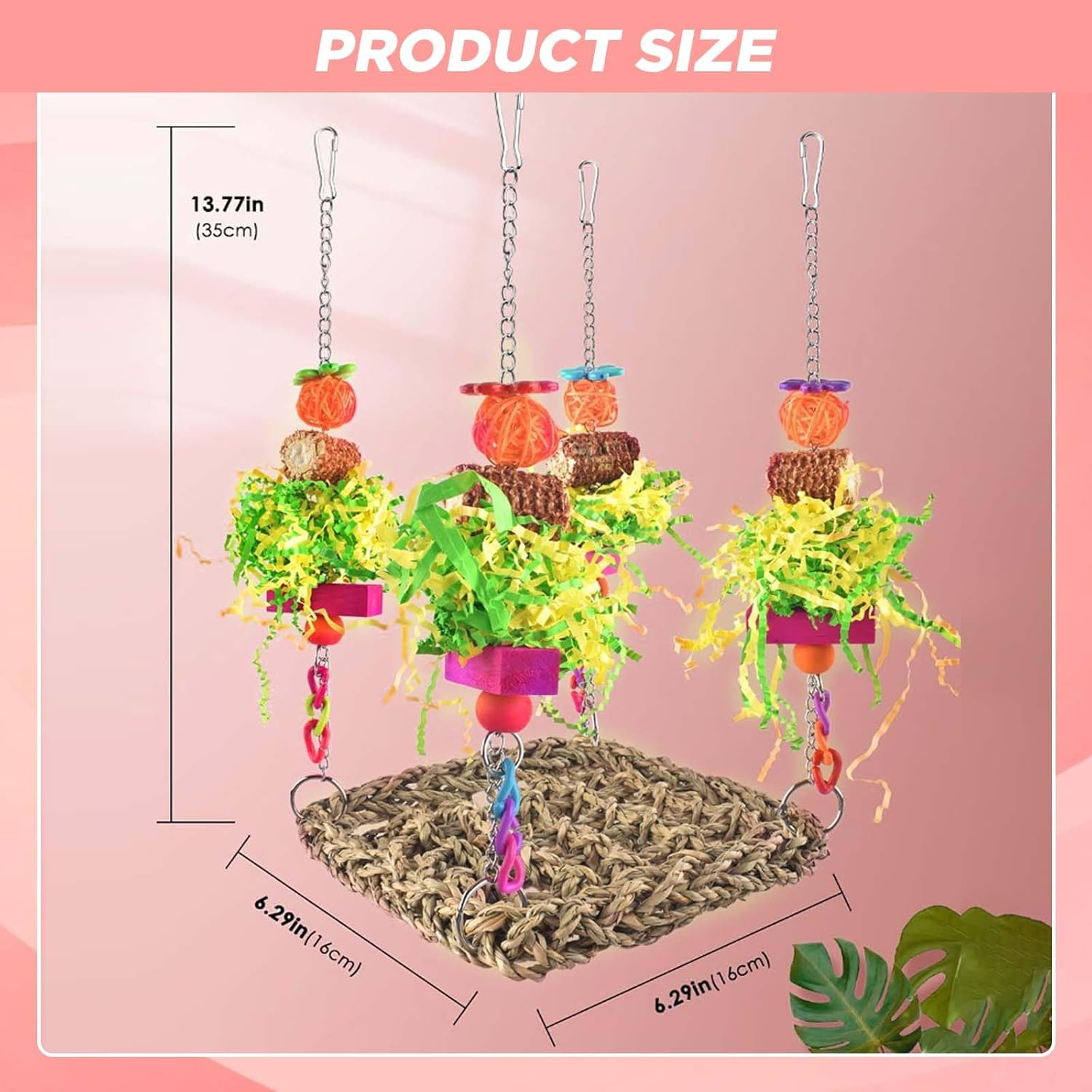 SUSOO Hanging Bird Swing Bed with Colorful Foraging Chew Birds Toys, Seagrass Woven Climbing Hammock, Wooden Stand Perch Bird Cage Accessories for Parrots, Parakeets, Budgies, Conures, Cockatiel image number 3