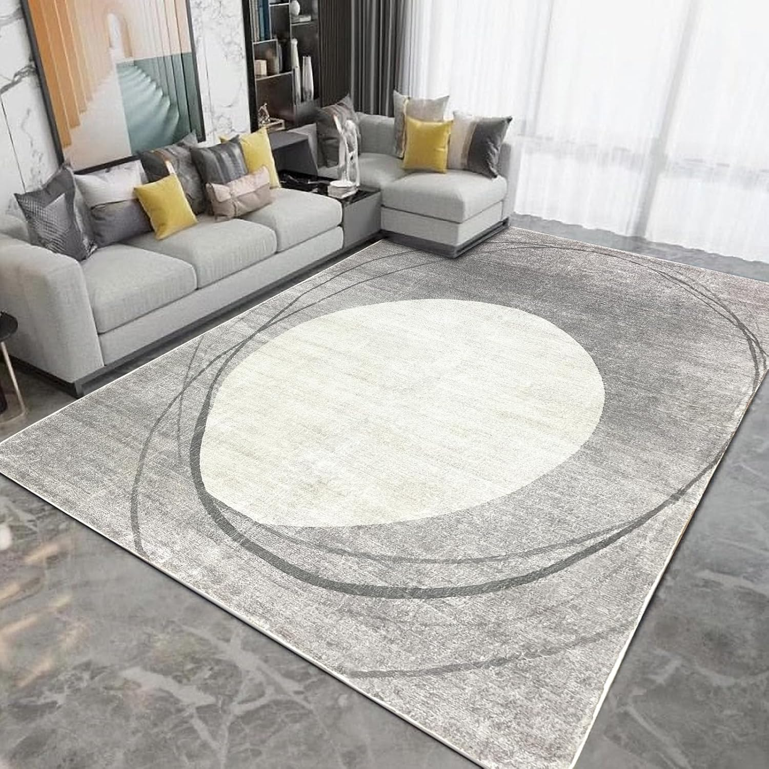 Tinyboy-Hbq Area Rug Short Pile Living Room Carpet Modern Geometric Design Rugs Circular Pattern Rug Non-Slip Decorative Rugs for Bedroom (Light Grey/Beige, 120 * 160Cm) image number 2