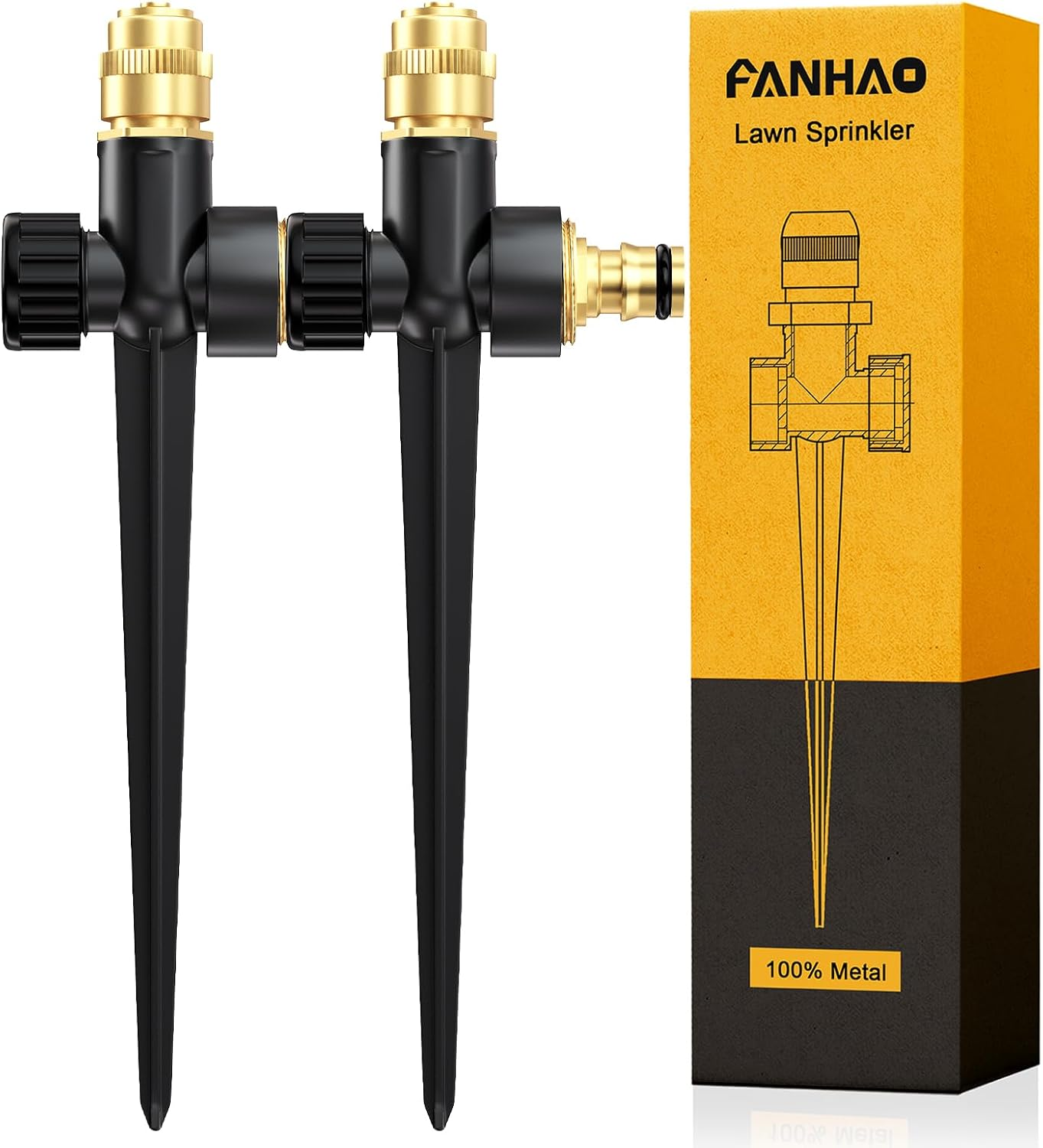 FANHAO Metal Lawn Sprinkler for Yard, 2 Pack Automatic Garden Water Sprinkler on Spike Base, Adjustable Brass Sprinkler Nozzle 360 Degree Large Area Coverage for Lawn Grass Patio Garden Irrigation image number 3