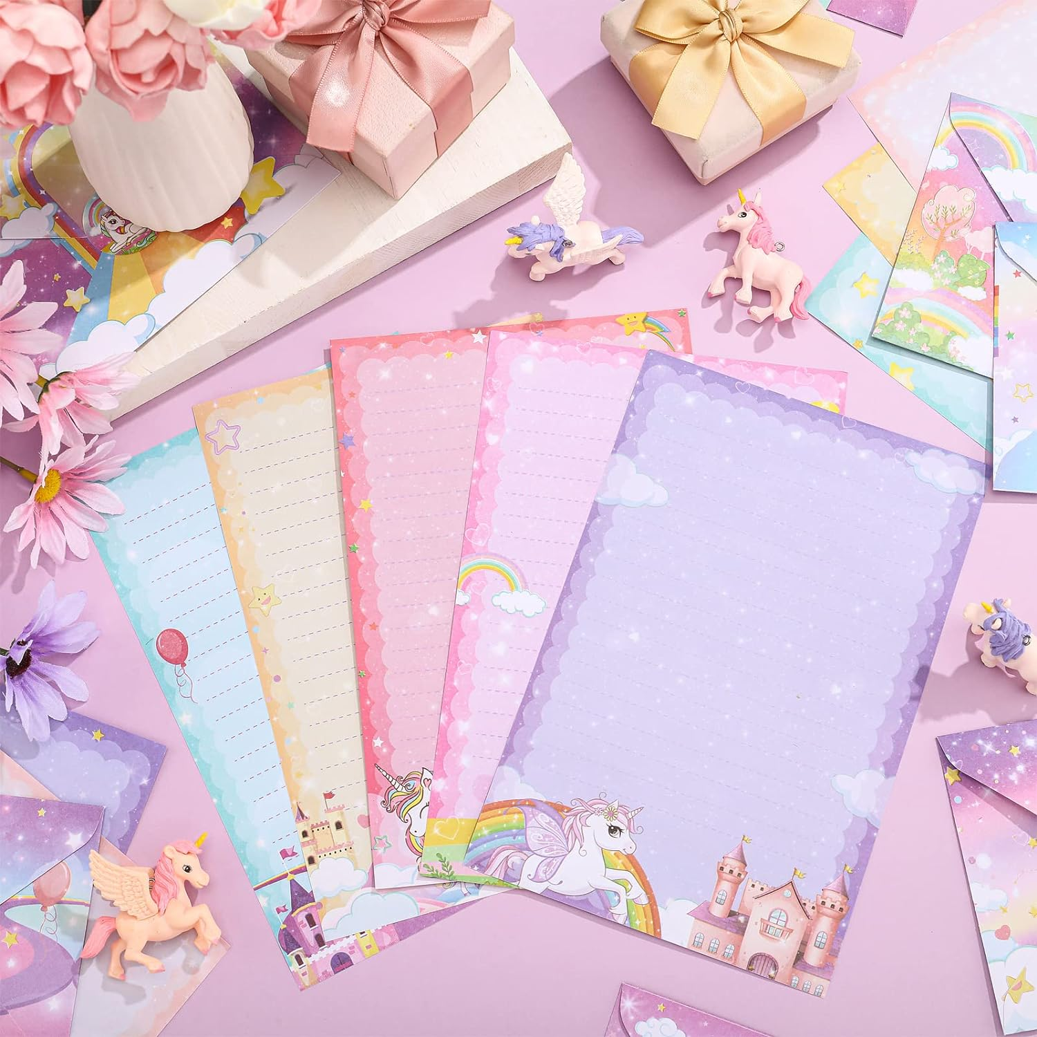 Taobary 160 Packs Mini Rainbow Unicorn Stationery Paper Set 50 Double Sided Stationery Writing Papers Matching Envelopes and 60 Unicorn round Dot Stickers, 5.5 X 8.25 Inch, 10 Designs image number 2
