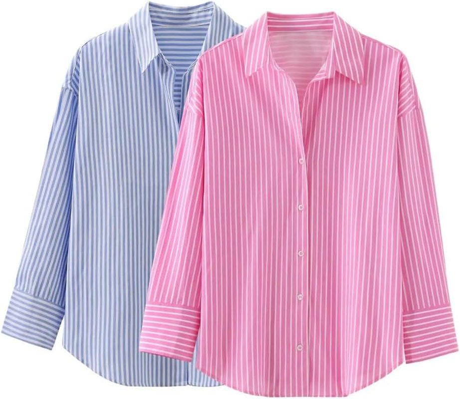 Women'S Striped Shirt Regular Fit Long Sleeve Work Shirt Loose Fit Tunic Tops image number 6