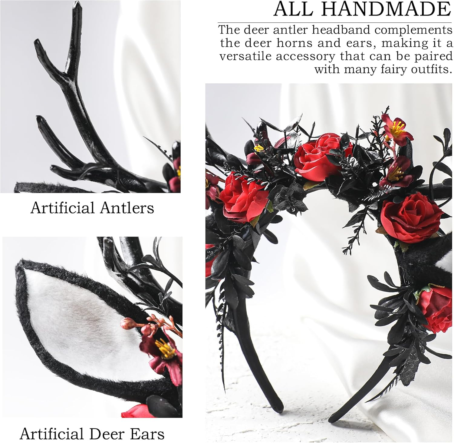 MOSTORY Black Flower Antler Headband - Dark Floral Decorated Antler Headband with Deer Ears, Gothic Reindeer Headpiece for Renaissance Renfaire Outfit, Halloween Deer Cosplay