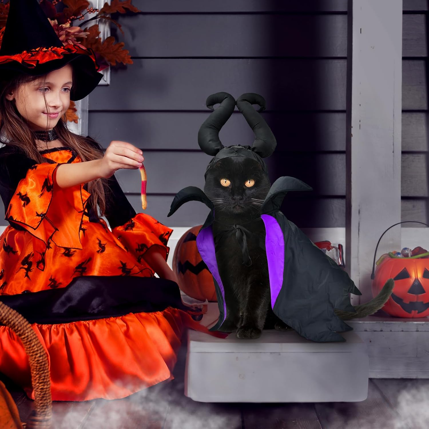 Shurung Puppy Halloween Witch Shaped Costume Cat Purple Vampire Cape Puppy Wizard Devil Horns Hat Pet Holiday Outfit for Cat Small Dog image number 4
