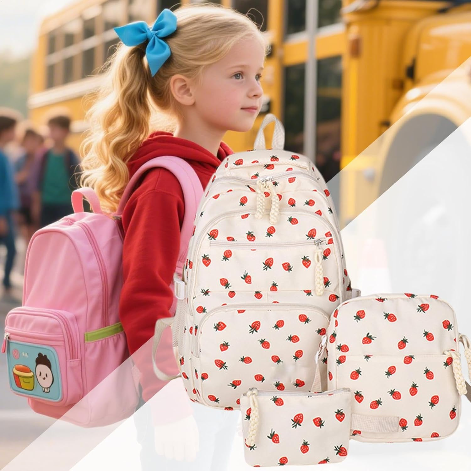 Strawberry Backpack - Women 3-Piece Leisure Bag, Simple College Style Backpack | Laptop School Bookbag with Pen Bag Shoulder Bag, Student Daily Commuting Accessories for Nursery in Front image number 2