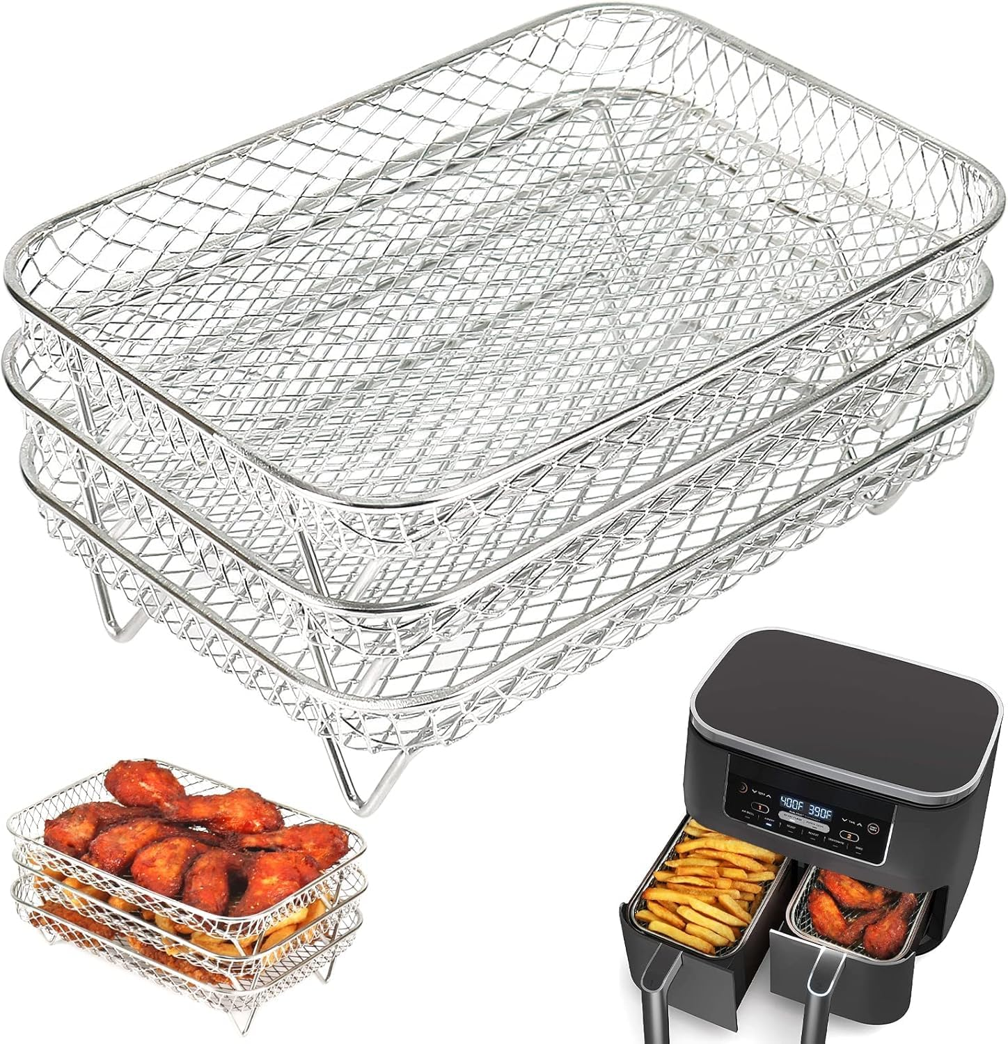 Air Fryer Rack, 3PCS Stackable Stainless Steel Dehydrator Rack, Air Fryer Basket Tray Compatible with Double Air Fryer, Ninja Dual Air Fryer Accessories (Round)