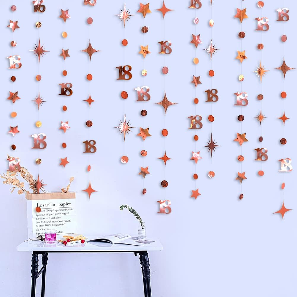 Rose Gold 18Th Polka Dot Star Garland Streamer Metallic Rose Gold Paper Number 18 Hanging Bunting Banner for Happy 18 Years Old Girls Eighteen Birthday 18 & Adultish 18Th Anniversary Party Decorations image number 1
