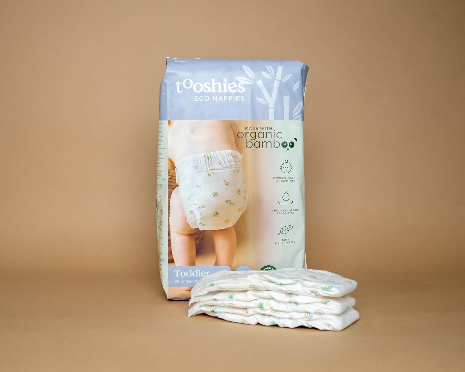 Tooshies Eco Nappies Size 4 Toddler 10-15Kg, 72 Count, White + Tooshies Aloe Vera & Chamomile Eco Wipes, 1120 Pack + Tooshies Biodegradable Nappy Bags, 40Pk, Green image number 1