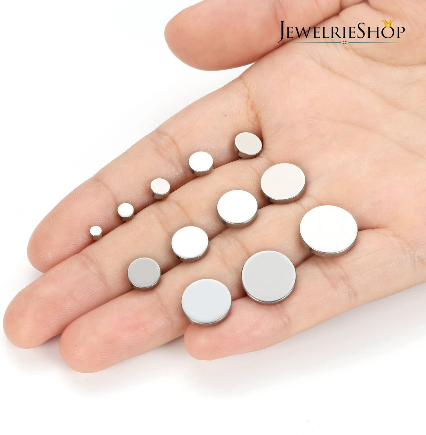 JEWELRIESHOP Black Earrings Men Dot Studs Fake Gauges Plugs Earring Stainless Steel Circle Disc Flat Back Cheater Tunnel Dumbbell Earrings Women (18G,2 Pairs,3Mm-14Mm,Black and Silver) image number 1