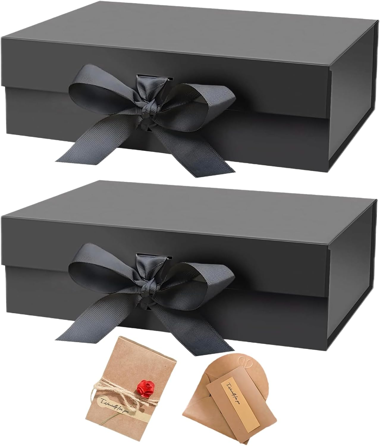 MAIHUO Black Gift Boxs, Magnetic Box with Lid, 22 X 16 X 8.8 Cm Cardstock Gifts Box,With Ribbon and Rose Card