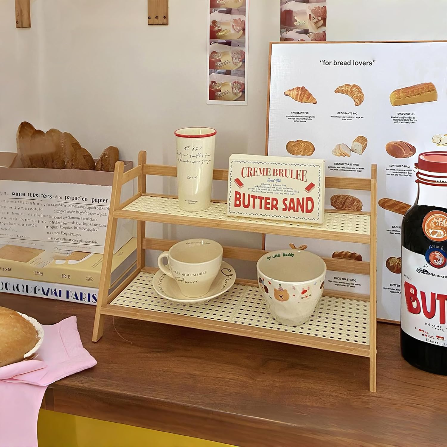 Wicker Look Coffee Station Organizer, Bamboo Mug Holder Countertop, Kitchen Counter Shelf for Tea Coffee Bar Accessories, Matcha Stand, Cup Display, Condiment Storage Rack, 2 Tier