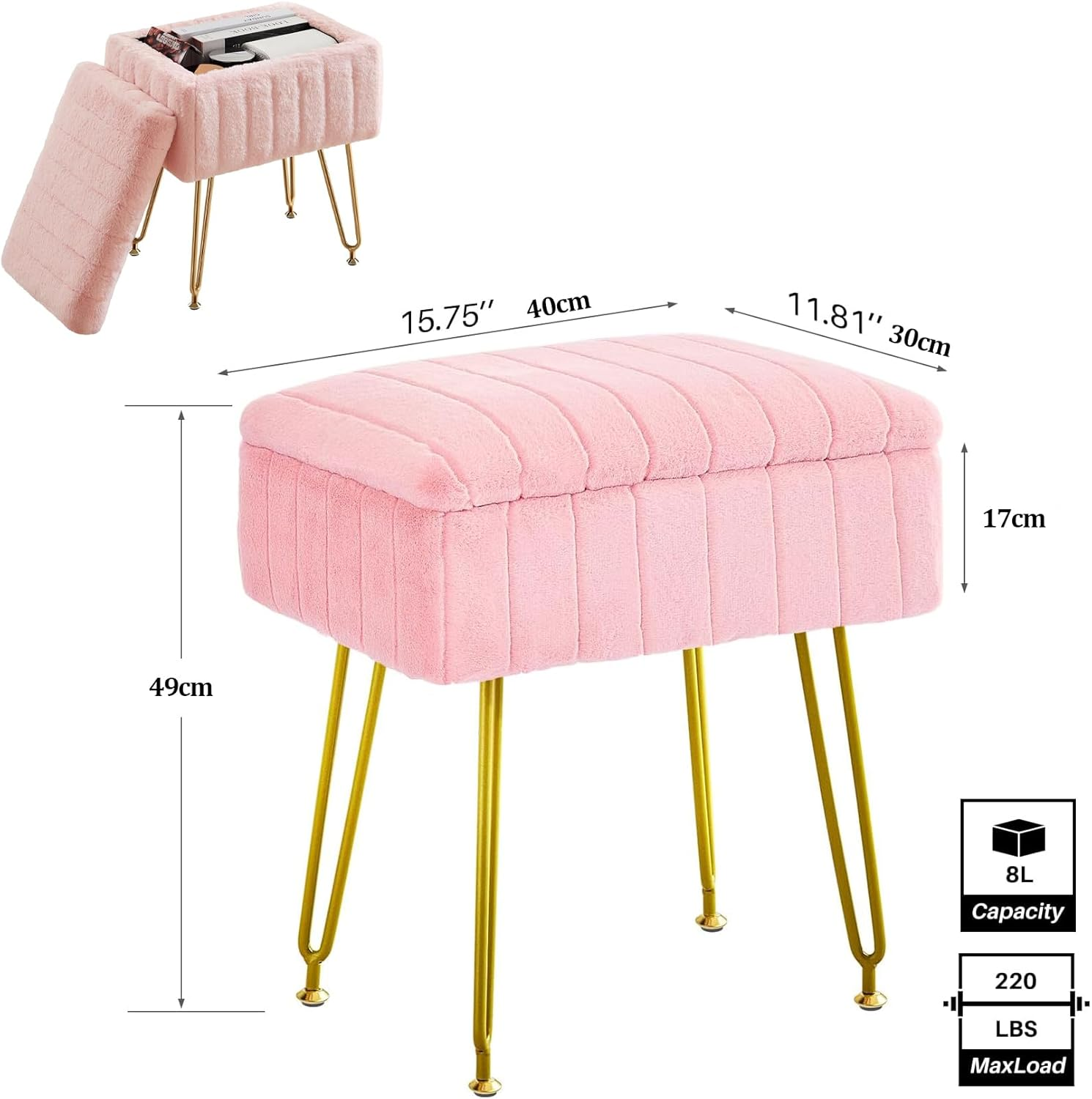 Pink Vanity Stool Chair, Faux Fur with Storage Vanity Stool with 4 Metal Legs, Modern Vanity Chair for Makeup Room and Bedroom, 40 * 30 * 50Cm image number 3