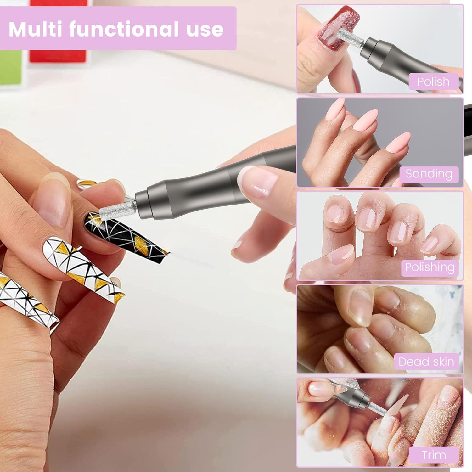 Cordless Nail Drill Set Multipurpose Safe Pedicure Manicure Machine Adjustable Nail Drill Machine Kit Easy to Use Cordless Electric Nail Drill Kit for Home Usage(Grey) image number 3