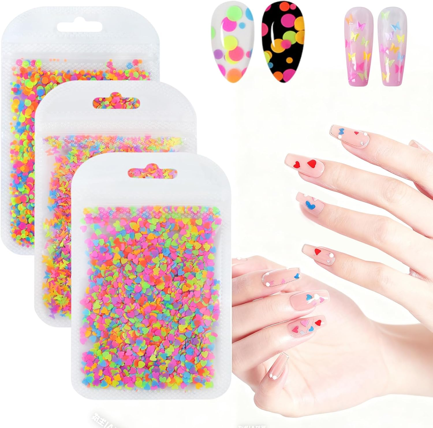 3-Piece Nail Art Glitter Set, Heart, Circle and Butterfly-Shaped Nail Sequins, Fluorescent Nail Decoration Sequins, for DIY Nail Design, Nail Decoration