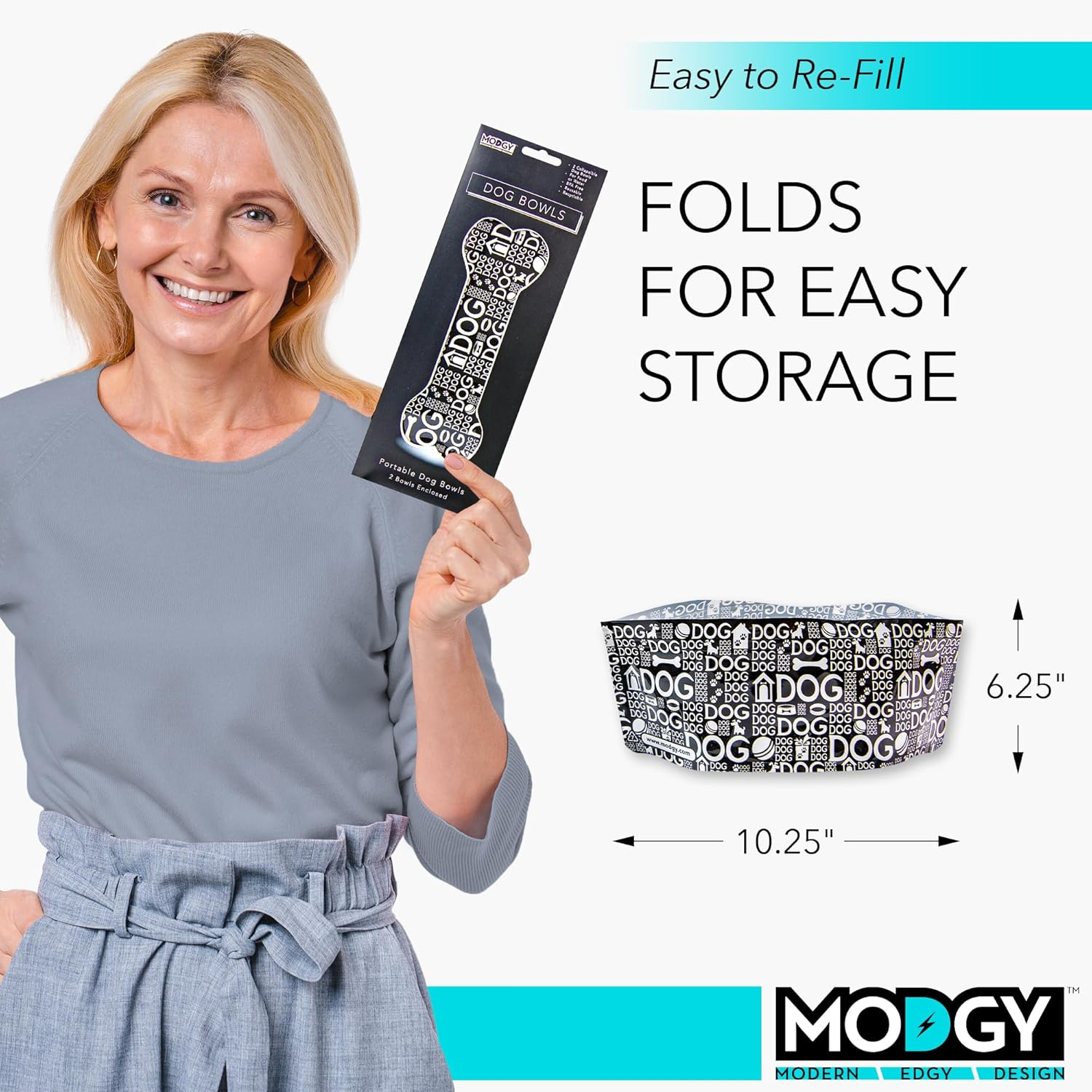 Modgy Dog Bowl 2-Pack Doggy Dog Design, Collapsible & Expandable, Convenient, Great for Traveling, Camping, Hiking, Picnics & More