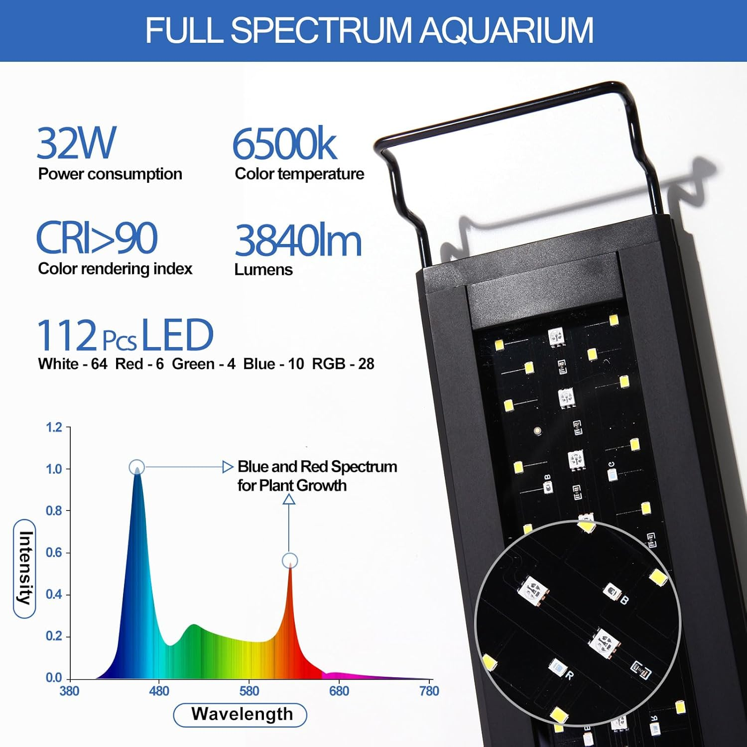 Led Aquarium Light, Dimmable WRGB Full Spectrum Aqua Plant Fish Tank Light Lamp with Timer Extendable Brackets for 32W 60-80Cm Freshwater Planted Tank image number 1