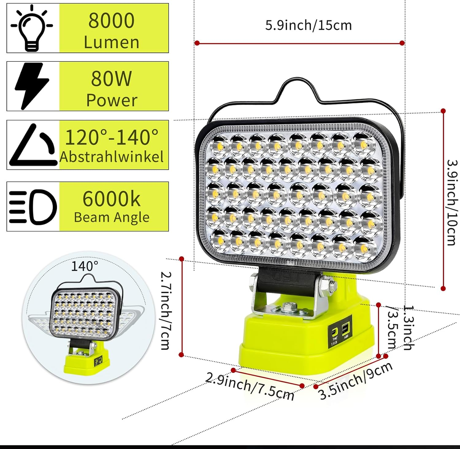 Work Light for Ryobi 18V Battery,84W 8000LM Portable Cordless Floodlight with Usb&Type C Charging Port for Emergency Lighting,Led Spotlight for Camping,Fishing,Workshop image number 4