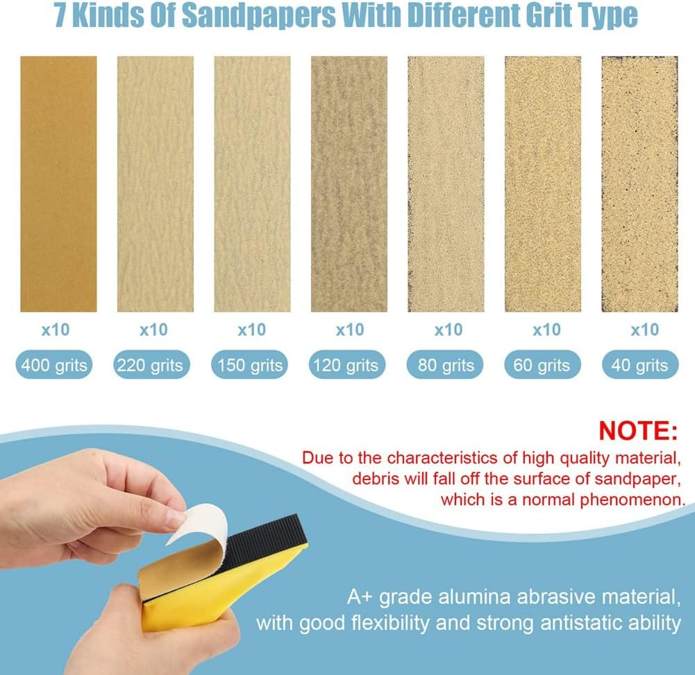 Zicojia Mini Sander for Detail Work, 70Pcs Sandpaper Set (40/60/80/120/150/220/400 Grit), Polyurethane & Paper Backing, Compatible with Orbital Sander, Suitable for Metal, Wood, Plastic & Glass image number 6