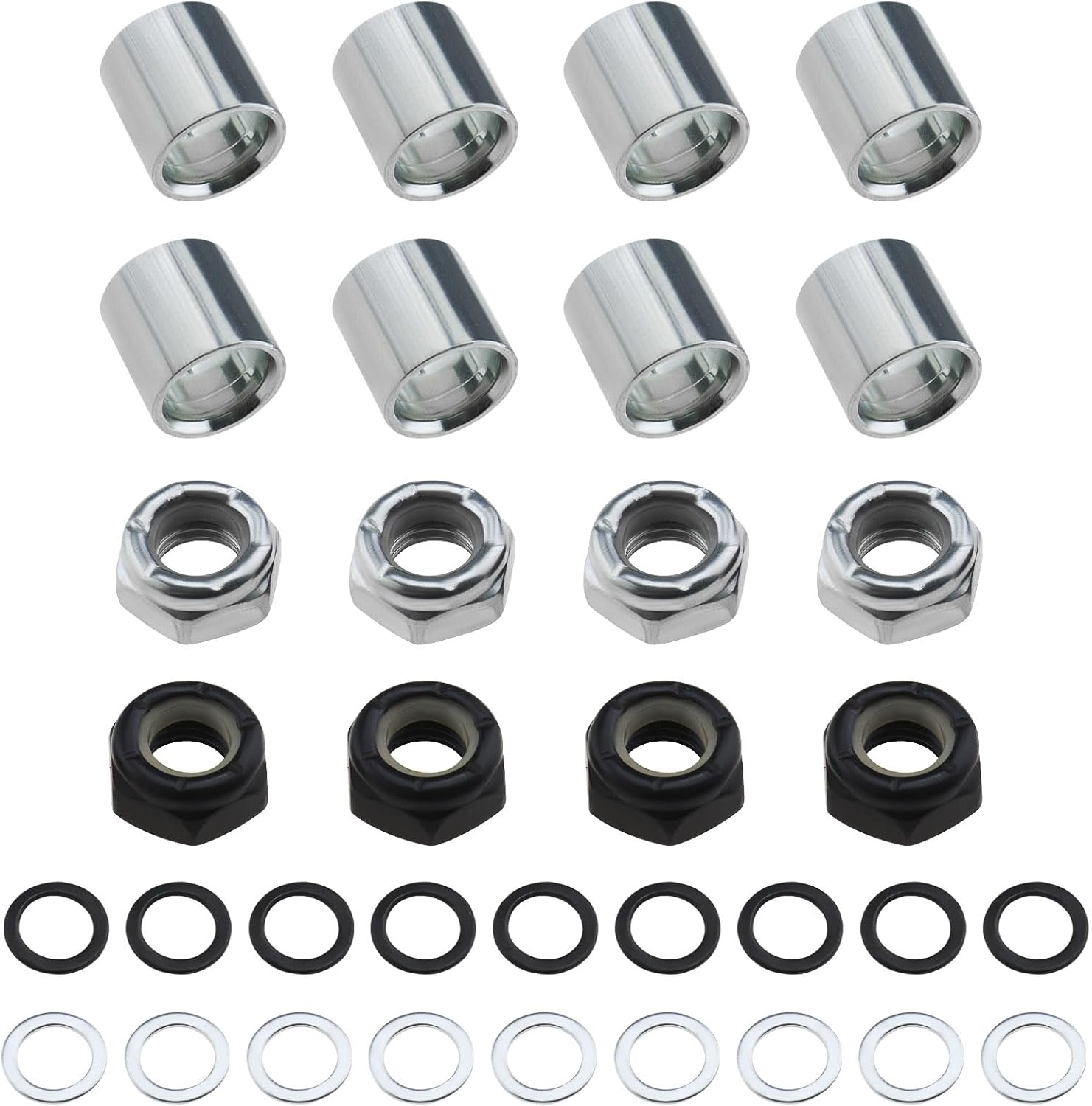 Emagtech 2 Sets Skateboard Truck Rebuild Kit Speed Washers & Bearing Spacers & Lock Nuts for Skateboards/Long Board Trucks (Black & Silver)