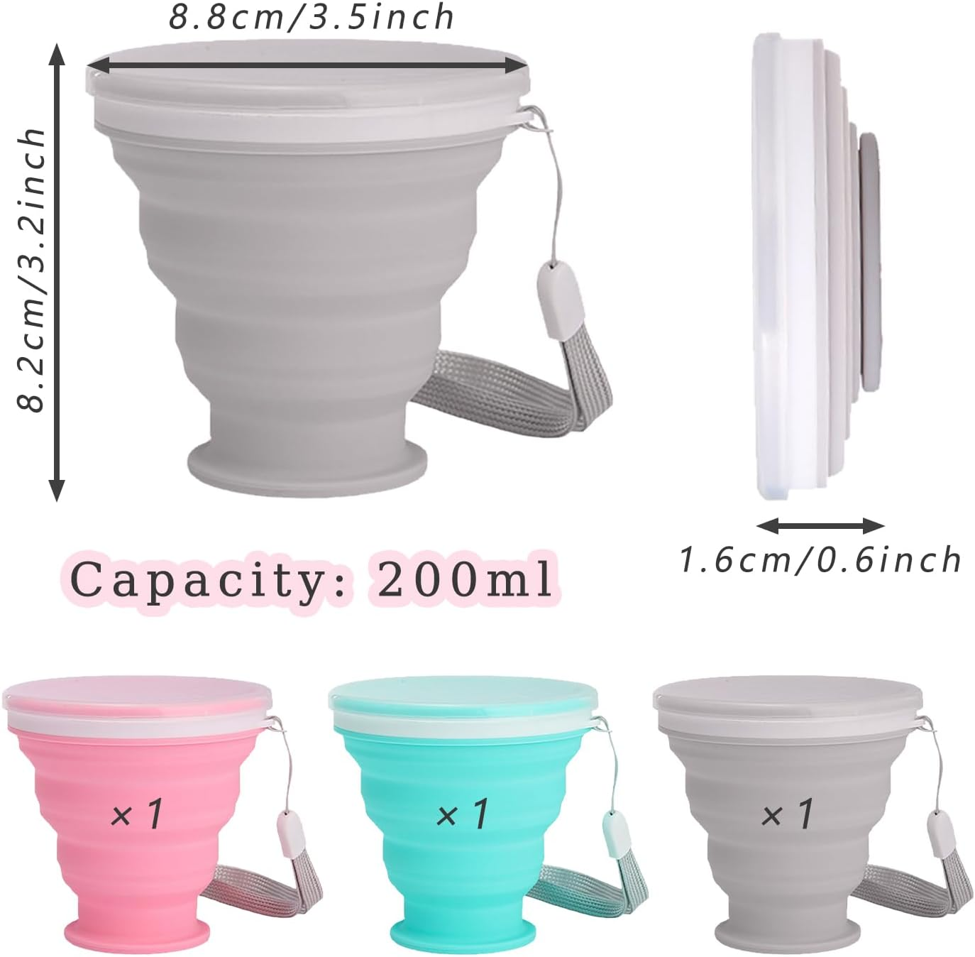 SYEYCW 3 Pcs Collapsible Cups, Silicone Foldable Cup, Folding Silicone Cups with Plastic Sealing Lid, Reusable Portable Cup Set, Folding Cup for Picnic, Camping, Outdoor Hiking, Traveling, 3 Colours image number 4