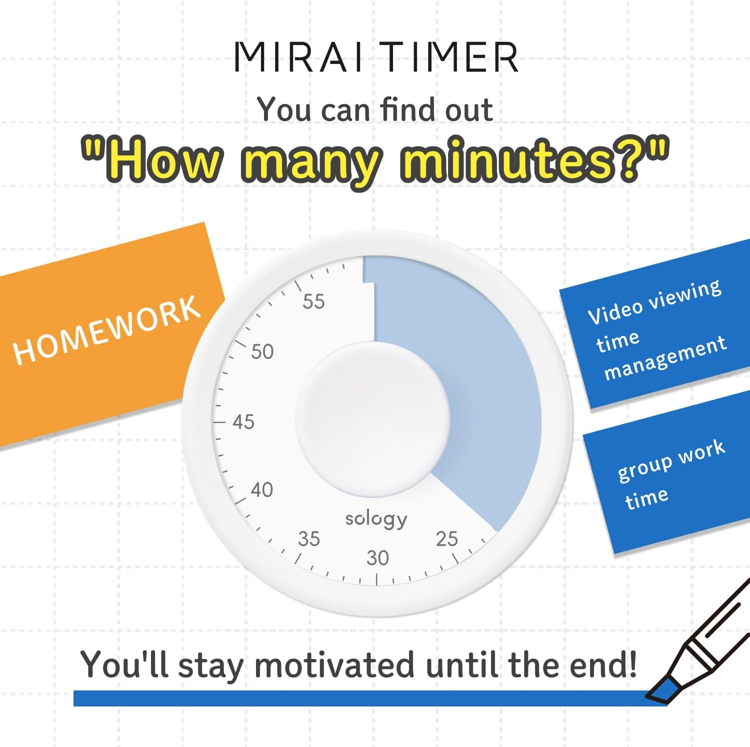 Sology Mirai Timer, a round Visual Timer for Studying, Cooking, Meetings, Task Management, Fitness, and Muscle Training. Cute and Stylish, Perfect for Desktop Use. Blue. image number 2
