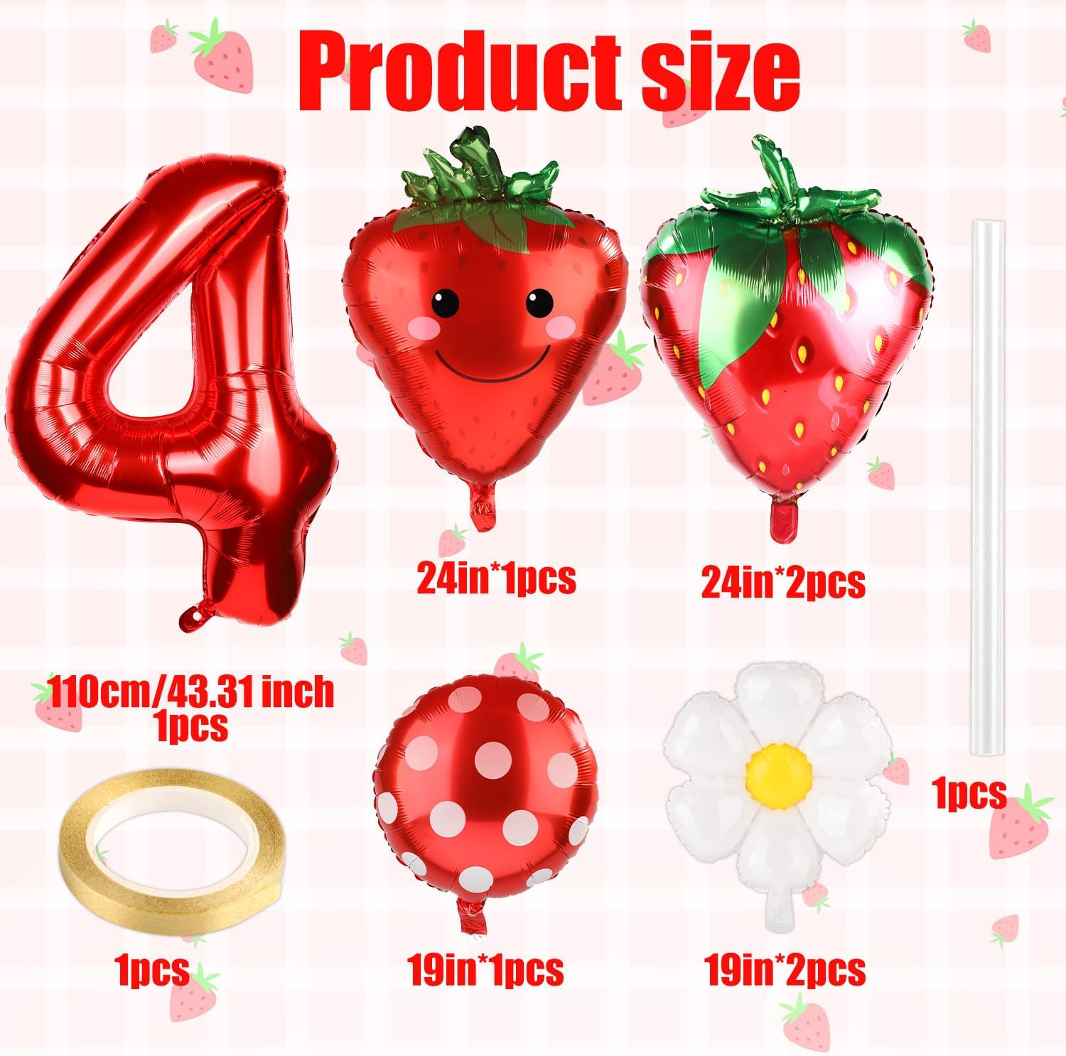 7Pcs Strawberry Party Balloons Kit, Strawberry Balloon Garland Sweet Number Strawberry Party Decorations Strawberry Foil Balloons for Birthday Backdrops (Number 4) image number 2