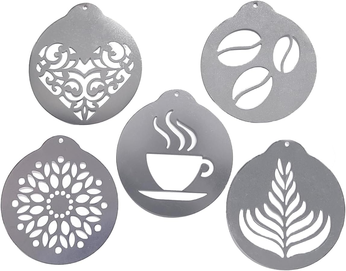 5PCS Stainless Steel Coffee Stencil, Latte Art Stencils Kit for Coffee Decorations, Foam Barista Templates for Decorating Oatmeal Cupcake Cake Cappuccino Mousse Hot Chocolate, Valentines Day Coffee Decorations image number 4