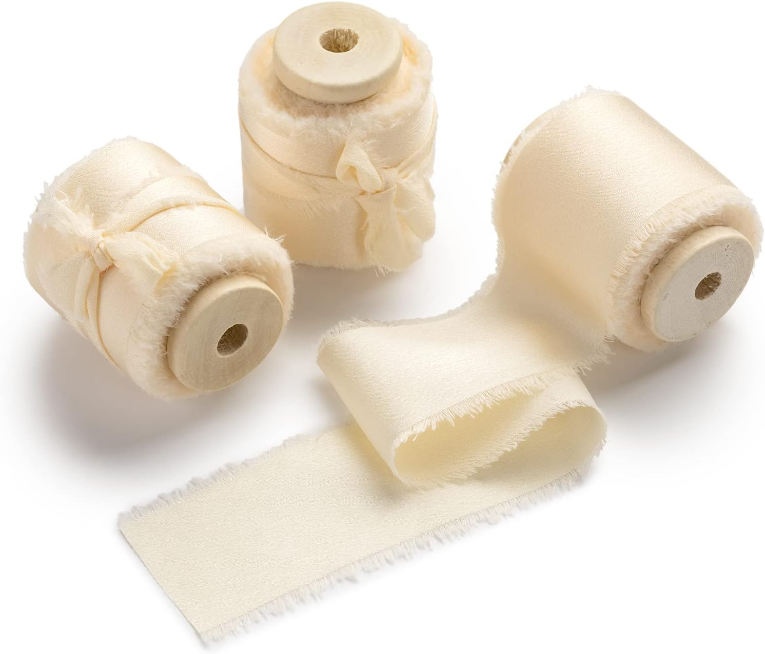 AOKSUNOVA Champagne Ribbon 3.8Cm Silk Satin Ribbon with Wooden Spool Handmade Frayed Ribbons for Gift Wrapping Flower Bouquet