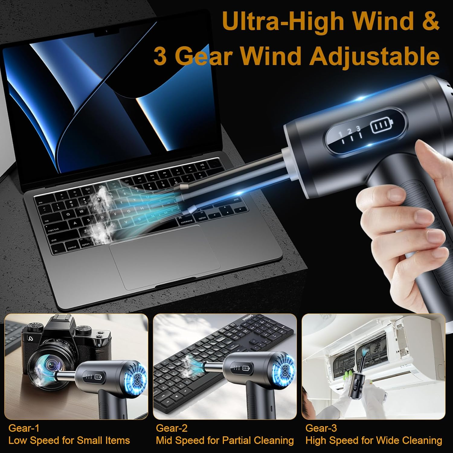 Lecoirrax Compressed Air Duster, 3 Gear Adjustable 130000RPM Electric Air Duster with LED Light, Rechargeable Cordless Air Blower for Keyboard Car Computer Office Cleaning, Replace Compressed Air Can image number 3