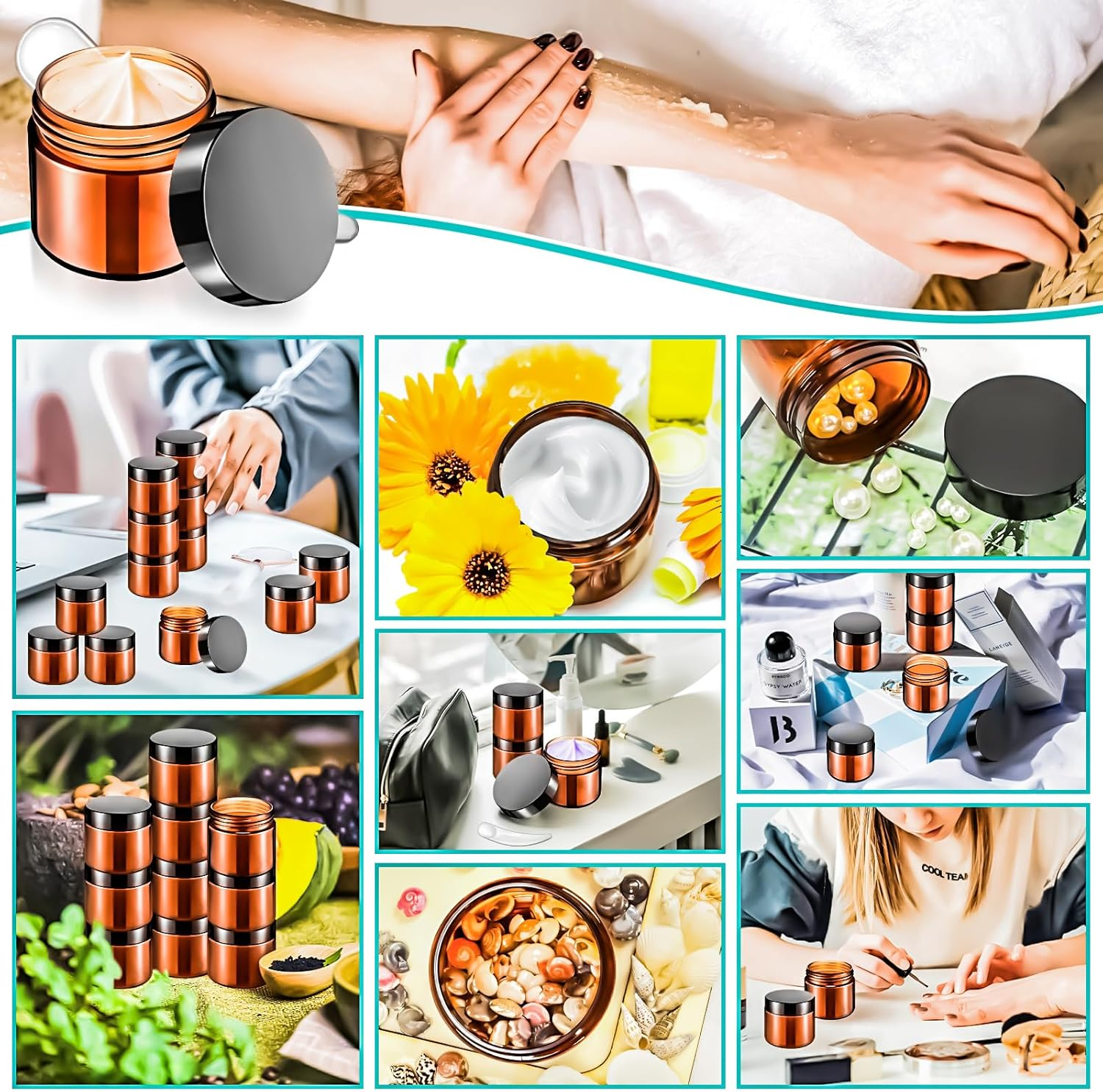 Motbach 16 Pack 2Oz Amber Plastic Jars, 60Ml Empty Small round Cosmetic Jars Refillable Makeup Containers Leakproof Travel Cosmetic Containers with Black Lids for Sample Cream Lotion Powder Ointment