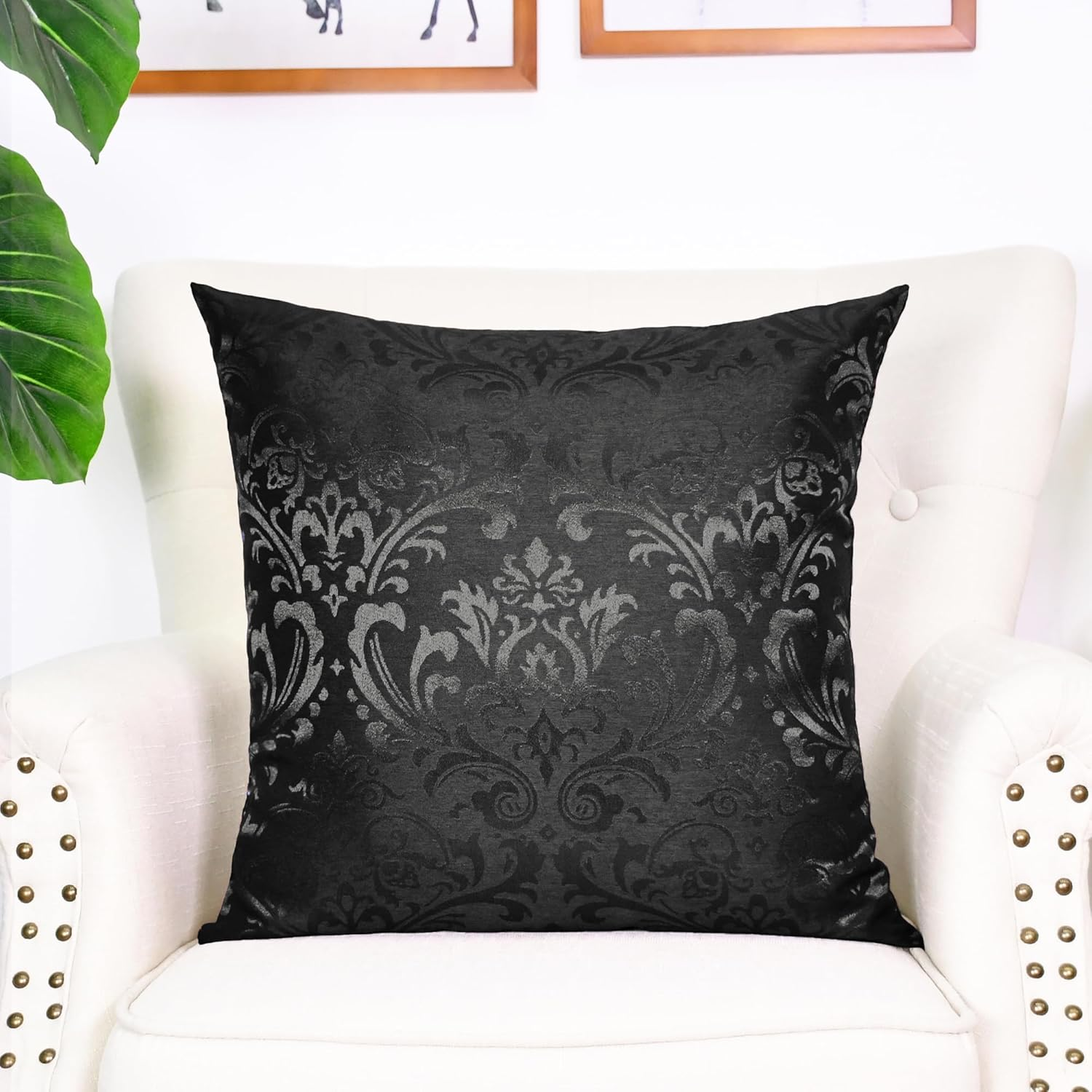 Pack of 2 Calitime Throw Pillow Covers Cases for Couch Sofa Home Decoration Vintage Damask Floral Shining & Dull Contrast 18 X 18 Inches Black image number 2