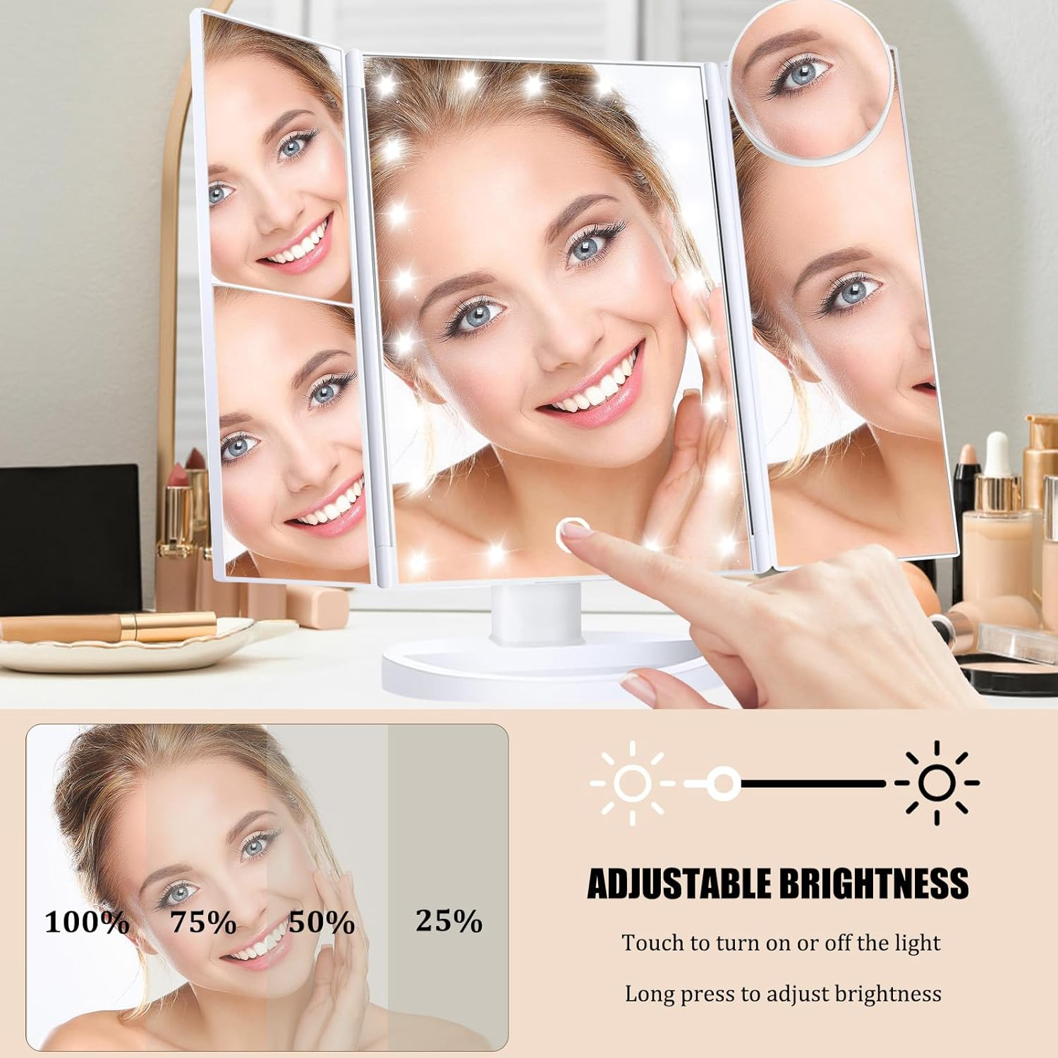 Lighted Makeup Mirror, White Vanity Mirror with 2X, 3X, 10X Magnification, Touch Control, Trifold, for Dresser, Bathroom, Two Power Supply Modes Modern Travel Mirror image number 5