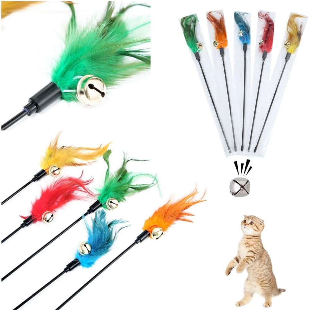 DACUAN 8 PCS Cat Wand Toys Interactive Cat Teaser Wand Feather Cat Toys with Feathers with Stick Cat Feather Toy Teaser Wand with Loud Bell 16 Inch 4 Colors image number 3