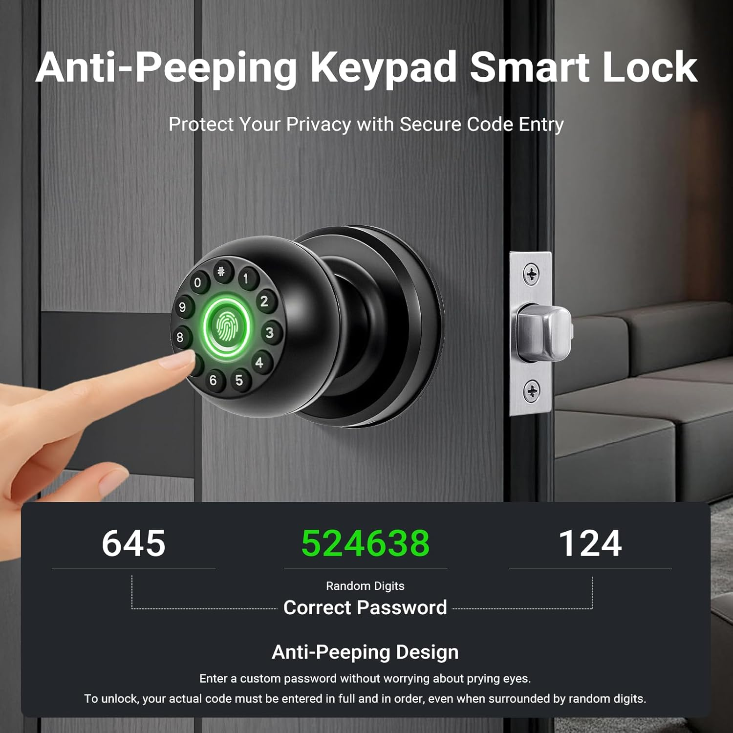 Smart Fingerprint Door Lock with Keypad & App Control, Biometric Keyless Entry Door Knob with Auto Lock, Thumb Print, Code & Keys for Home, Bedroom, Office (Matte Black) image number 2