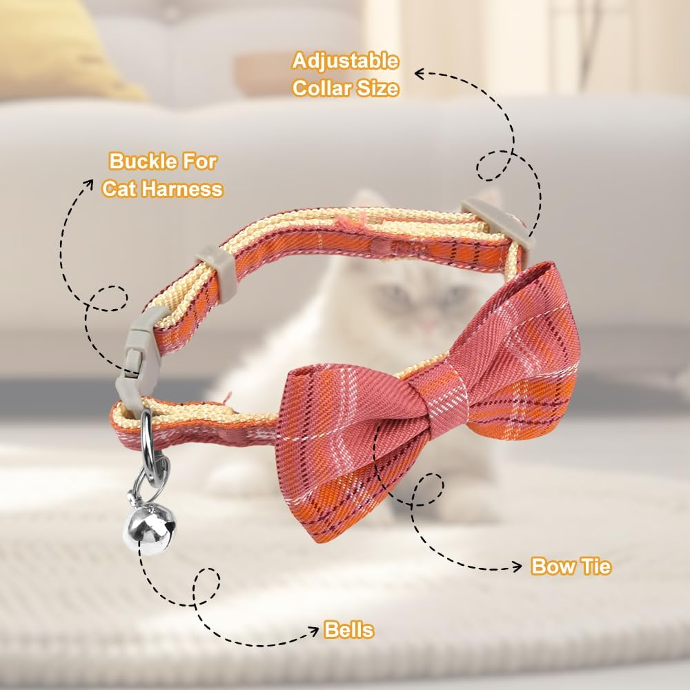 Set of 4 Blue and White Checked Cat Collars with Bow Tie and Bell Adjustable image number 2