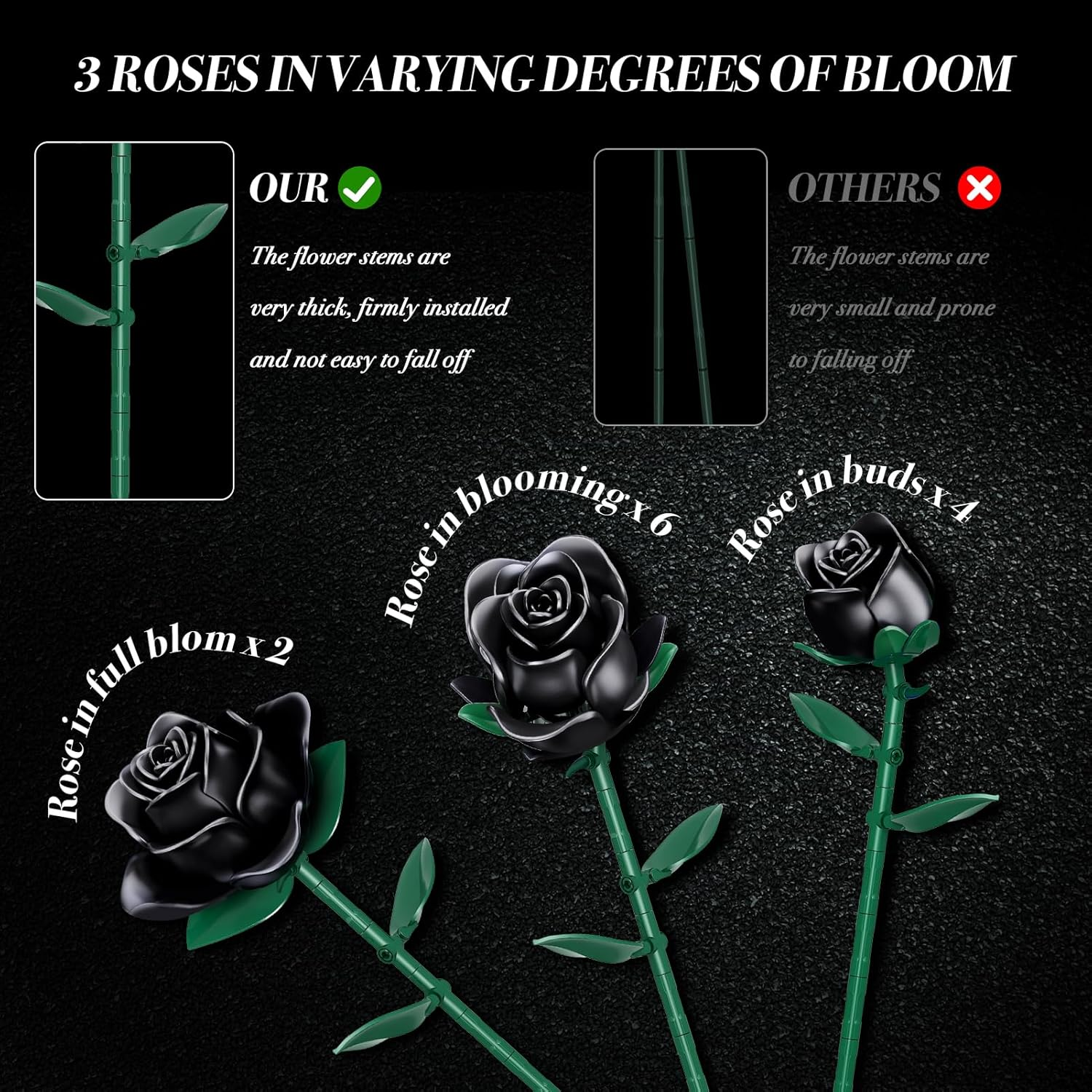 Bouquet Building Kit, 12 Artificial Black Roses Botanical Collection Building Block Educational Toy Gift for Girls Children Women Valentine'S Day Mother'S Day Halloween Christmas Gift, 634 Pieces image number 3