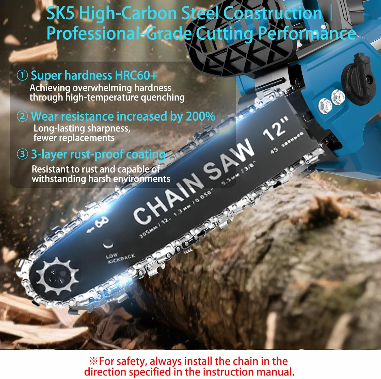 40000Mah Cordless Chainsaw, 12 Inch Electric Cordless Chainsaw Portable with Brushless Motor for Cutting Branches, Trees, DIY Projects Gardening, Forests (Blue) image number 3