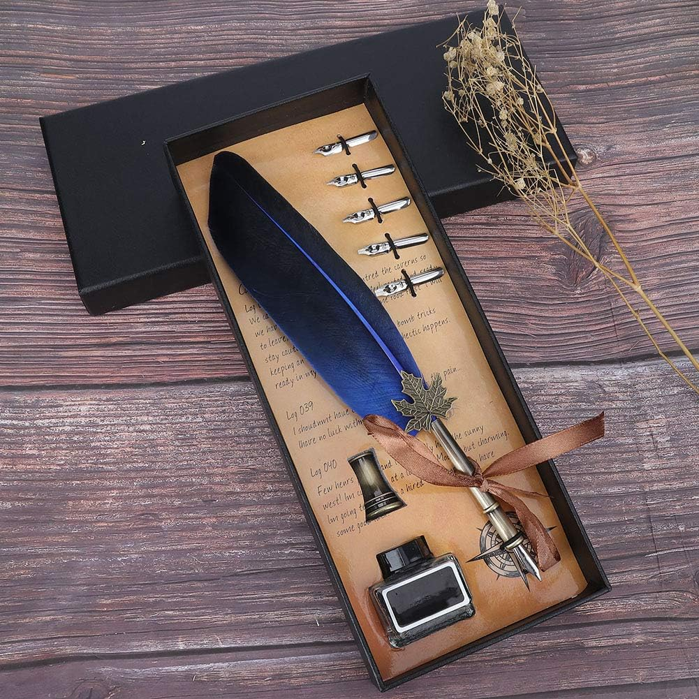Feather Quill Pen Set, Retro English Calligraphy Dip Pen with 5 Alloy Nibs Antique Set Luxury Vintage Signature Lightweight Writing Ink Stationery Gift Box for Friend Teacher Family(Blue) - Orange image number 7