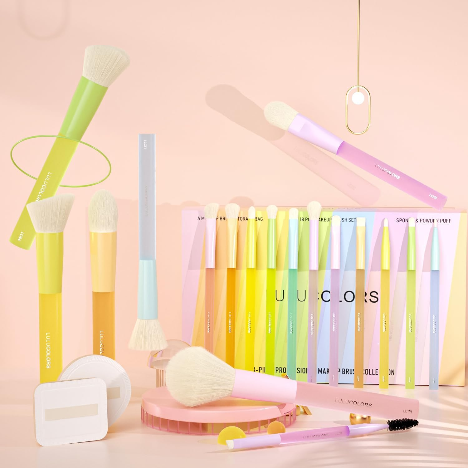 LULUCOLORS Makeup Brush Set 18 Pieces - Soft Vegan Makeup Brushes with Beauty Sponges, Colourful Handles & Aluminium Ferrule, Skin-Friendly, Includes Storage Bag & Gift Box image number 5