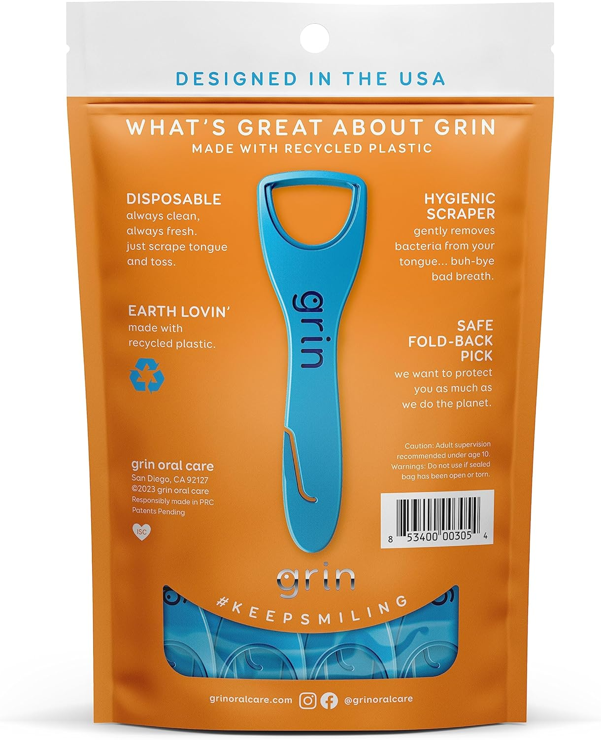GRIN Tongue Cleaner, 32 Count, Disposable Tongue Cleaner, Hygienic Scraper, Recycled Plastic, Clean Tongue, Promote Fresh Breath, Includes Safe Fold- Back Tooth Pick image number 1