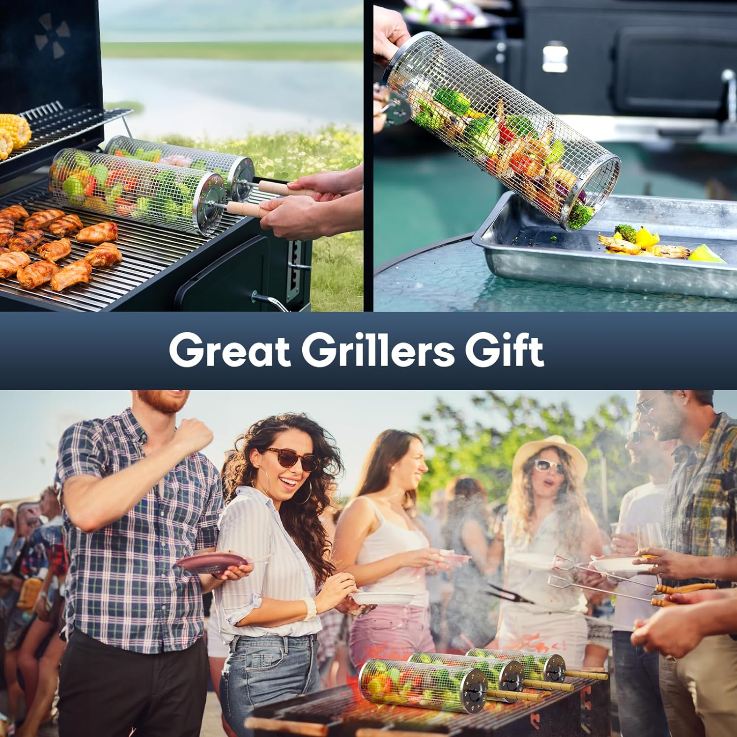 LANEJOY Rolling Grill Baskets with Handle (30 Cm X 10.9 Cm), 2 PCS Stainless Steel Rolling Grilling Basket for Outdoor Grill, Barbecue Accessories Gift image number 2