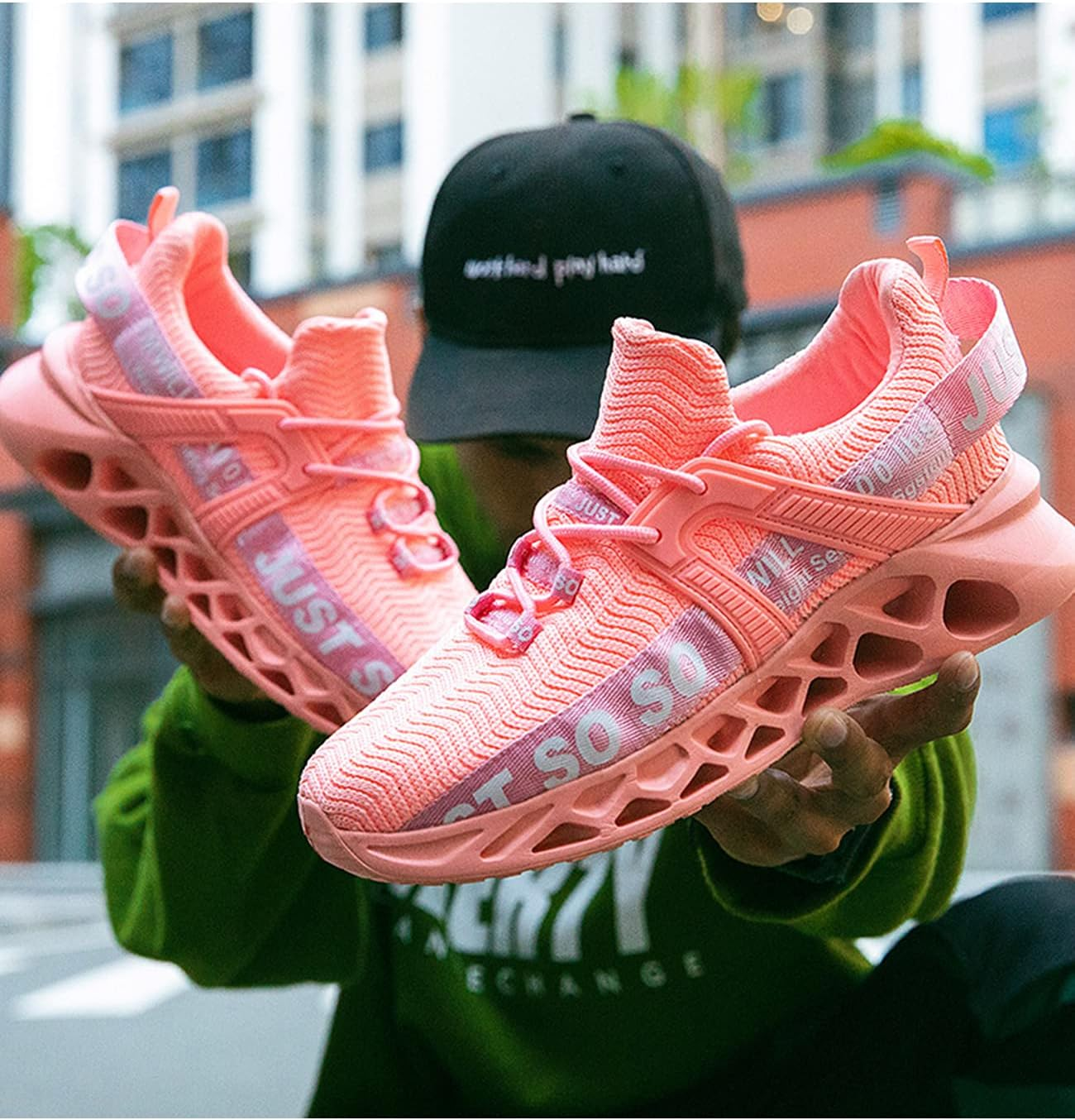 Bestgift Couple Sneakers Breathable Flying Woven Casual Shoes Blade Running Shoes Pink EU47/US12.5 image number 1