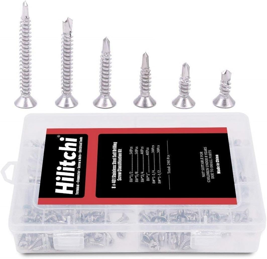 Hilitchi 410 Stainless Steel Flat Head Phillips Self Drilling Screws Sheet Metal Tek Screws Assortment Kit, Modified Truss Head Self Driller - Size: #8 X 1/2" ~ #8 X 1-1/2" (Pack of 240) image number 1