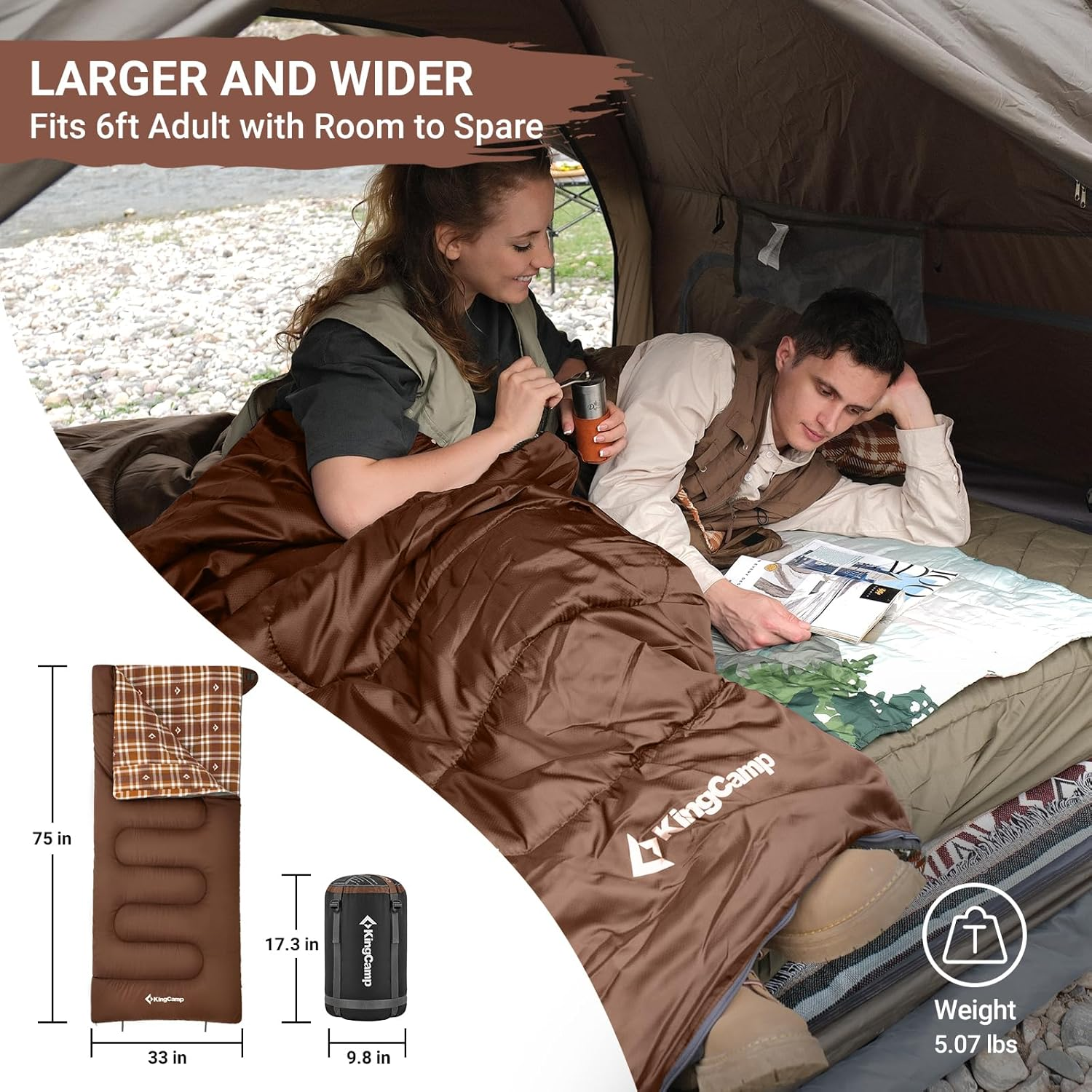 Kingcamp Cotton Flannel Sleeping Bag, Big and Tall Sleeping Bags for Adults Cold Weather, Zip Together for 2P Sleeping Bag for 3 Season, Lightweight, Water Resistant for Family Camping Backpacking - 5.7Lbs Coffee Right image number 7