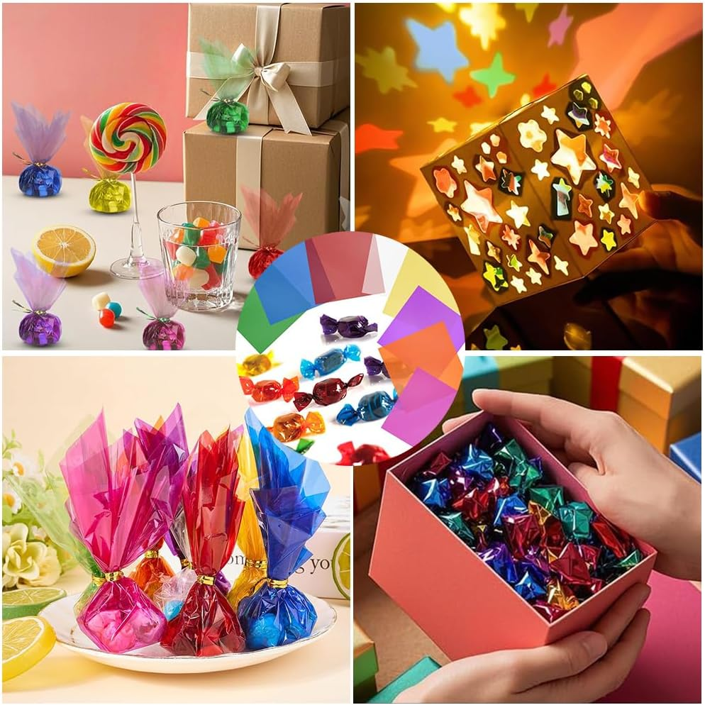 160Pcs Colorful Cellophane Sheets &ndash; 8 Vibrant Colors, 7.5X7.5 Inch Transparent Plastic Wrap for DIY Crafts, Gift Wrapping, Christmas & Valentine Decorations image number 1