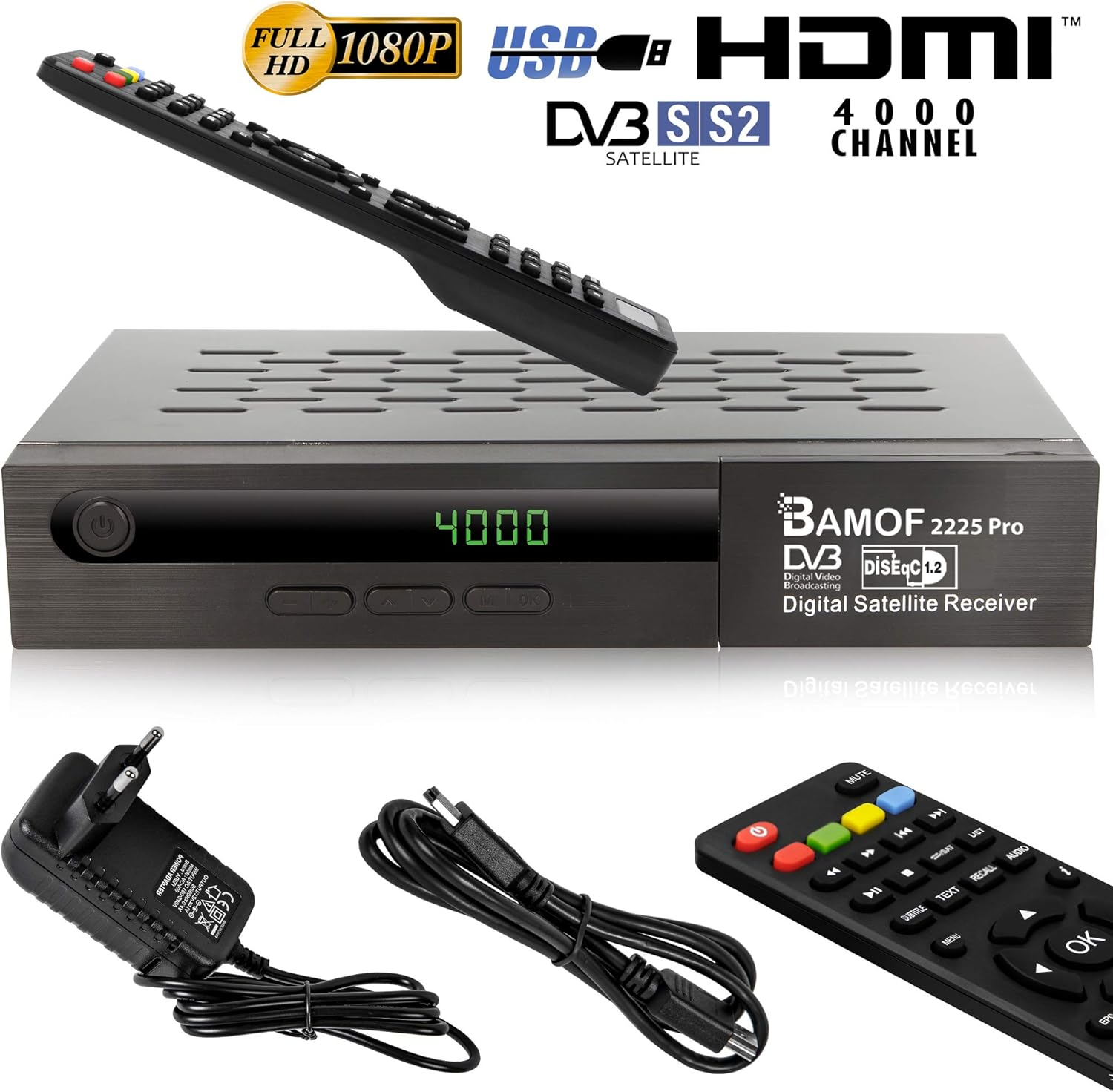 Bamof 2225 PRO Satellite Receiver (HDTV, DVB-S/DVB-S2, HDMI, SCART, 2X USB, Full HD 1080P) [Pre-Programmed for Astra, Hotbird and T&uuml;rksat] + HDMI Cable image number 2